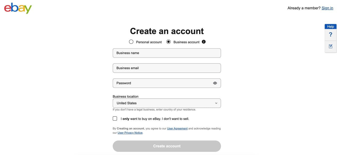 eBay's sign up page